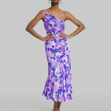 New Fashion Print Temperament Collared Shoulder Sling Sling Mid-Long Dress