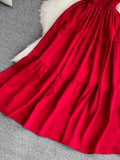 Women Vintage Draped Midi Dress Elegant Purple/Yellow/Red V-Neck Short Sleeve High Waist A-Line Big Swing Vestidos