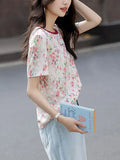 Summer Design Feeling Slammed Collar Bottom Shirt Loose Breathable Letter Embroidered Short-Sleeved Women's
