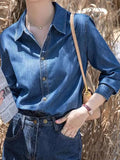 Dark Blue Soft Cowboy Shirt Women In Autumn And Winter Wearing Long-Sleeved Shirts Small