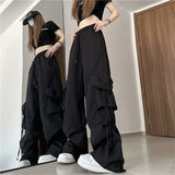 Zingj Speed Dry Cargo Pants Female Stereo Pocket High Waist Straight Tube Wide Leg Ribbon Loose Casual Floor