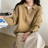 Zingj Polo Collar Half Zipper Design Jumsweater Top Women's Loose Jacket Embroidered Letters Thick Sweater-Outfit