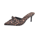 And Summer 2025 New Korean Version Of High-Heeled Women's Slippers Leopard Bow One-Footed Pedaled Women's Shoes Fine