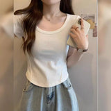 Zingj U Collar Short-Sleeved T-Shirt Women 2023 Summer New Korean Version Slim High Waist Short Style Students Pure Color Jacket
