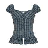 Girl Age-Sensitive French Retro Checkered Low-Chest Shoulder Short-Sleeved T-Shirts Single-Breasted Buckle Thin