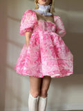 Square Neck Pleated A-Line Dress Spring Summer Short Sleeve Loose Floral Print Dress Women Elegant Puff Sleeve Party Dress 211-0-Outfit