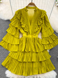 Vintage Women Cascading Ruffle Party Dress Elegant V-Neck Flare Long Sleeve High Waist A-Line Mini Vestidos Female