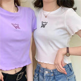 Zingj 2024 Summer High Waist Crop Short T-Shirt Women Slim And Thin Butterfly Embroidery Short-Sleeved Top