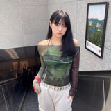 2024 Autumn New Mesh Printing Shoulder Cover Long-Sleeved Casual Women's