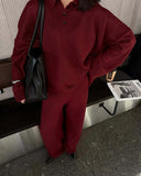 And Winter Solid-Color Lap-Over Sweater Set Women's Loose Knit Polo Collar Sweater Broad Leg Pants