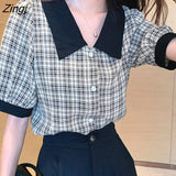 Plaid Shirt Women Summer Loose Single Breasted Short Sleeve Blouses Ladies Korean Casual Turn-Down Collar Chiffon