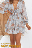 Women Spring V Neck Chiffon Print Dress Self-tie Knot Front Ruffles Leopard Dress Female Sexy Short A Line Party
