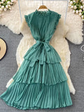 Women Purple/Pink/Green Draped Dress Vintage Ruffle Stand Collar Sleeveless High Waist Party Pleated Vestidos Female
