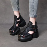 Thick-Soled Sandals Women's Head Cow Skin Retro Art Big Head Slope And Cool Slippers Tide Hollow Loose Cake
