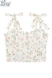 Top Women Sexy Lace Up Camisole Sweet Female Basic Sleeveless Print Vest Square Neck Slim Off Shoulder Crop Top 2023