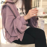 Women with Hat Hoodies Zipper Solid Sweet Girls Fashion Outwear Leisure Loose Retro All-match Female Chic Daily