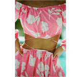 Women Patchwork Off Shoulder Bodycon Prom Hollow Out Puff Sleeve Lace-up Backless Summer Party Club Midi Beach