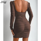 Square Collar Ruched Dresses Women Sexy Slim High Waist Casual Female Clothing Solid Long Sleeve Backless Mini