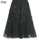 Bow Pink Long Tulle Skirt Women Korean Fashion ELastic High Waist A-Line Tutu Maxi Skirt Elegant Female Faldas Jupe