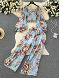 Women Floral Printed Two Piece Set Sexy Square Collar Lantern Sleeve Short Tops + Wide Leg Pants Suit Vacation Beach