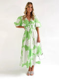 Summer Print V-Neck Sexy Bohemian Bubble Sleeve Holiday Beach