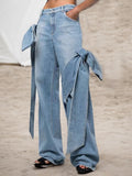 Zingj 2024 New Wash Do Old Splicing Bow Wide Leg Pants Design Sense High Waist Show Skinny Jeans