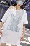 Print Tshirt Black White Graphic Summer T Shirt Women Korean Cotton Loose T-shirt Casual One Shoulder Sexy Thirts