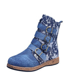 Autumn And Winter New Martin Boots Women's Embroidery Fashion Flat-Bottomed Boots Belt Buckle Short