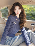 Chinese Style Blue Retro Collared Knitted Bottom Shirt 2025 Autumn And Winter New Chic Long-Sleeved