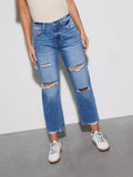 Spring And Summer Show Thin Broken Hole Straight Tube Slim Nine Points Of Jeans-Outfit