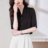 Shirt Women Satin Vintage Shirts OL Basic Blouse Women Short Sleeve Blouses Silk Fashion Women's Clothing Solid Women