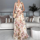 Women's New Fashion Elegant Lotus Leaf Side V-Neck Print Dress Can Be