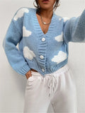 Loose V-Neck Clouds Fall Shoulder Knitted Cardigan Three Buckle Sweater Short