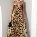 Women's Sleeveless Sling Leopard Print Fashion Sexy Hot Girl Waist Dress