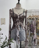 Retro Oil Painting Wind Dyed Lotus Leaf Side Sling T-Shirts Long Sleeves Drifting Coat