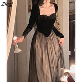 Autumn Elegant Velvet Long Sleeve Midi Dress Woman Slim Vintage Evening Party Dress Female Casual Korean Fashion Dress