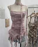Shooting Round Neck Fluttering Dye Printing Irregular Lotus Leaf Side Mesh Slings Slings Sleeveless Top
