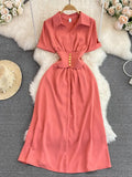 Vintage Women Midi Dress Elegant Pink/Orange/Green Polo Collar Short Sleeve High Waist A-Line Vestidos Female New