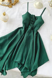 2023 Women Irregular Hem Beach Party Mini Dress Vestidos Sexy Sleeveless High Waist Drawstring Red/Green Strap Dress