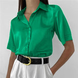 Office Lady Short Sleeved Satin Shirt 2023Casual Loose Buttons Summer Blouse Women Elegant Tops Women Clothing