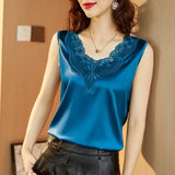 Woman Blouse V-neck Silk Embroidery Pretty and Cheap Women's Blouses 2023 Satin Shirts Tops Sleeveless Female
