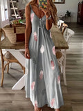 Zingj And Summer New Sleeveless Slim Feather Print Low Breast V Collar Sling Large Hem Skirt Women's Dress-Outfit