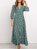 Women Chiffon Long Dress Floral Print Lantern Sleeve A-line Maxi Vestidos Autumn New Elegant Vintage V Neck Winter