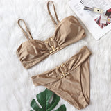 Zingj New Sexy Bikini Solid Color Strapless High Waist Swimsuit Metal Accessories Women's