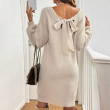 And Winter New Loose Knitting V-Neck Bow Long-Sleeved Sweater Dress