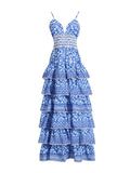 Spring 2025 New Fashion Sexy Blue Print V-Necked Leaf Side Design Sense Of The Body Of The Sling