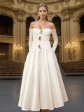 Temperament Famous Wind Style Long Dress 2025 New Bosom One-Word Shoulder Design Long-Sleeved Pin Waist Dress