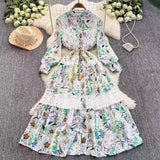 Retro Court Wind Hollow Lace Splicing Lantern Sleeve Collection Waist Single Buckle Print Dress 2025 Spring