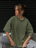 Simple Wind Loose Water Wash Old Cotton T-Shirt Women Summer Color Loose 260G Cotton Short-Sleeved Top