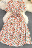 Women Floral Printed Midi Dress Vintage V-Neck Short Sleeve High Waist A-Line Casual Vestidos Female 2023 New